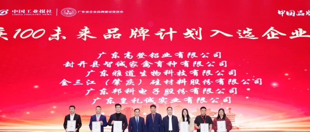 立民族志气 创世界名牌 | 高登铝业入选肇庆 100 未来品牌计划榜单，位列第 20 位